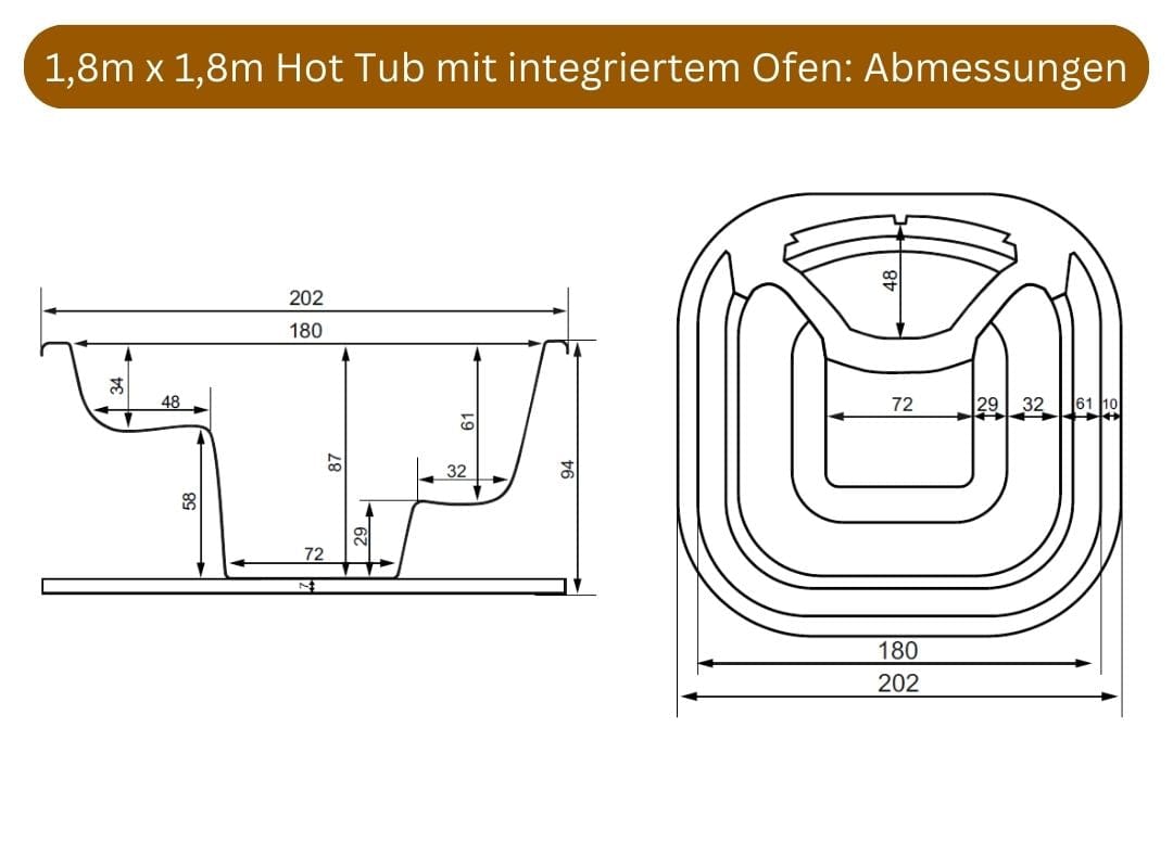 Abmessungen von dem rechteckigen Hot Tub mit integriertem Ofen
