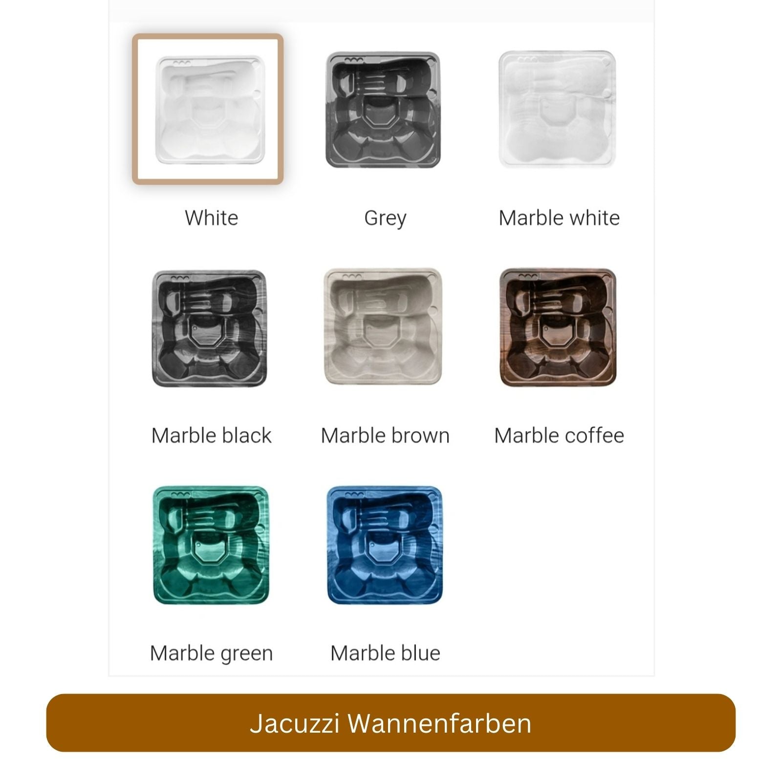 quadratischer Jacuzzi mit integriertem Holzofen mit verschiedenen Wannenfarben