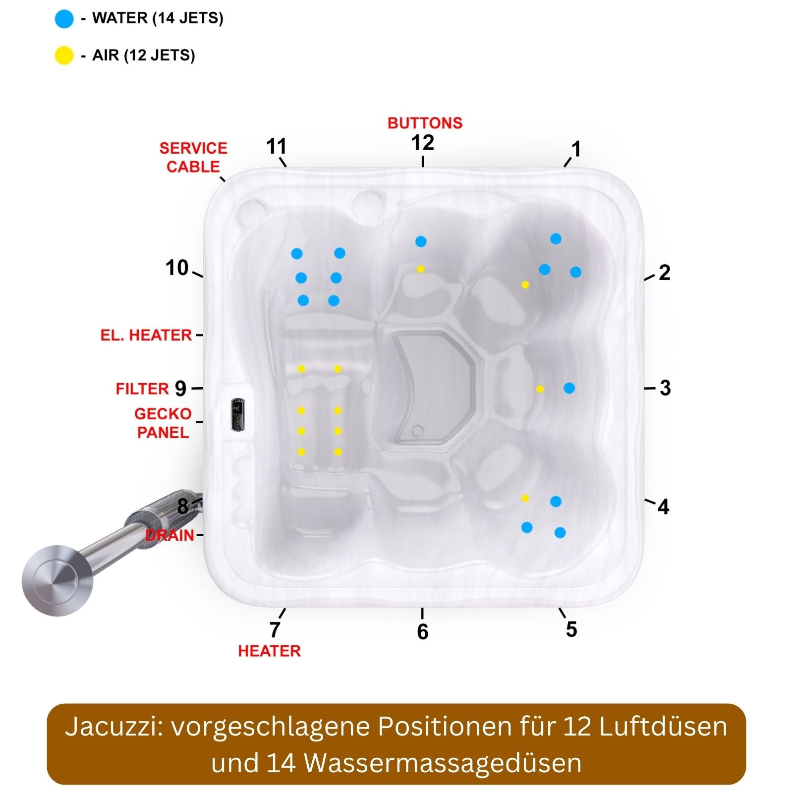 quadratischer Jacuzzi mit integriertem Holzofen mit vorgeschlagenen Düsenpositionen