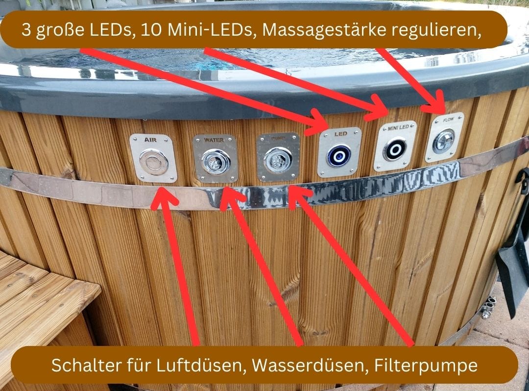 Memelwood Hot Tub mit Schaltern zum Bedienen