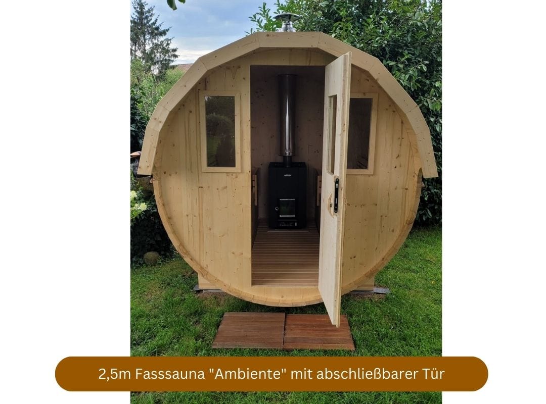 Holztechnik Montag Fasssauna mit Holzofen, Modell Ambiente, mit abschließbarer Tür