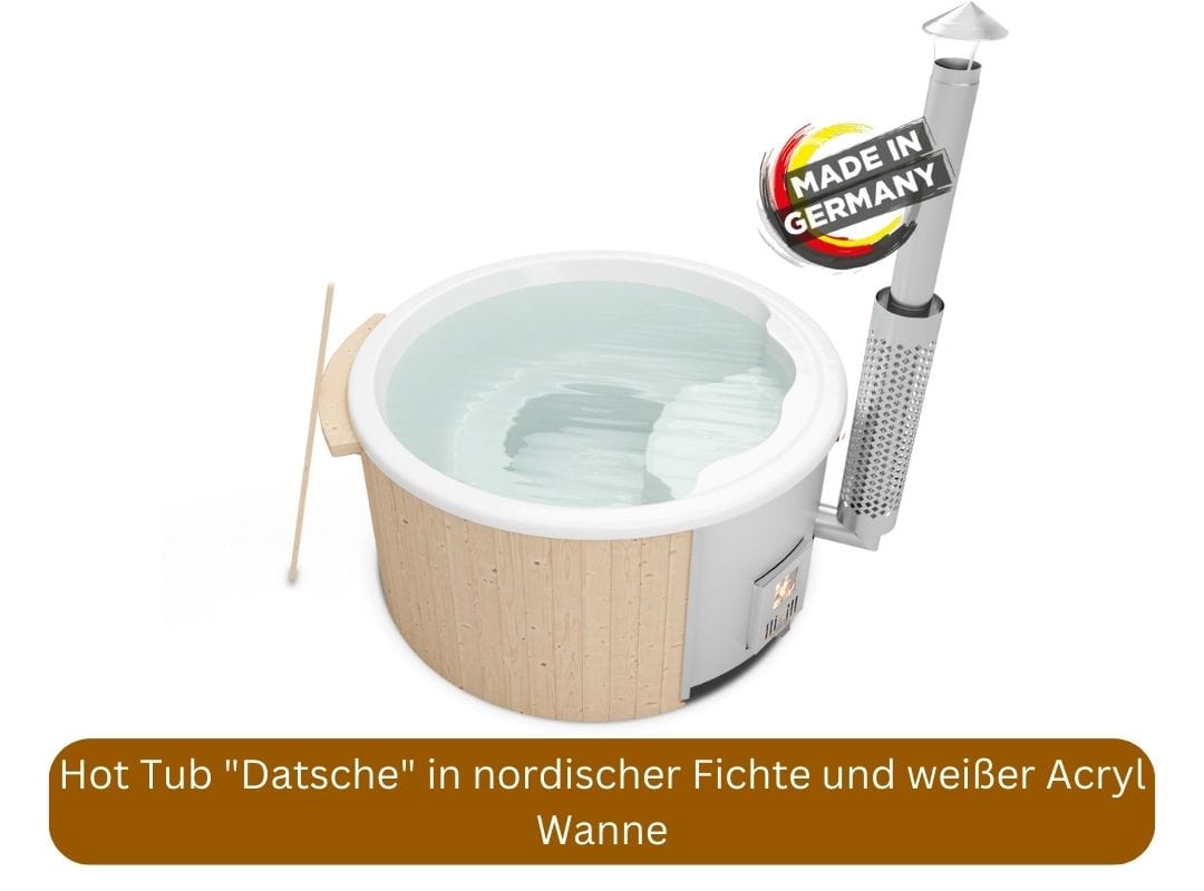 holzbefeuerter Hot Tub "Datsche" mit nordischer Fichte und weißer Acryl Wanne