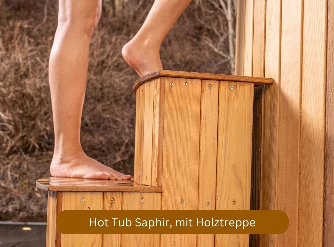 Hot Tub Holzklusiv Saphir mit integriertem Holzofen, mit Holztreppe