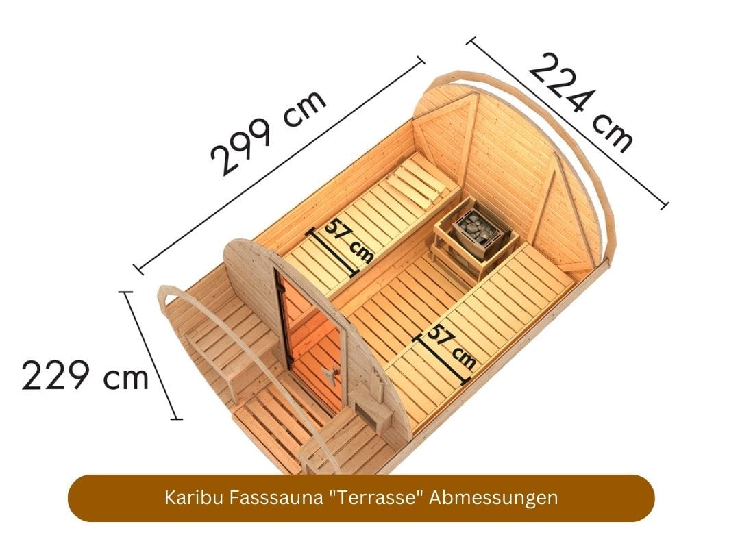 Karibu Fasssauna Bausatz "Terrasse" Abmessungen