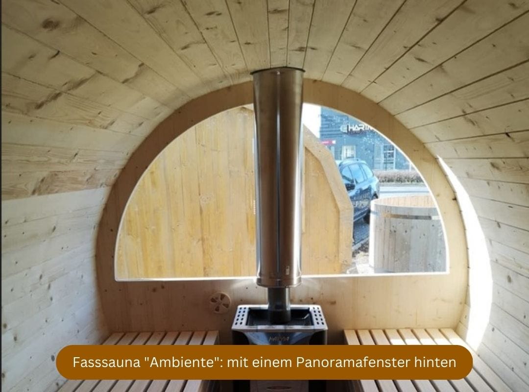 Montag Fasssauna mit Holzofen, Modell Ambiente, mit Panoramafenster