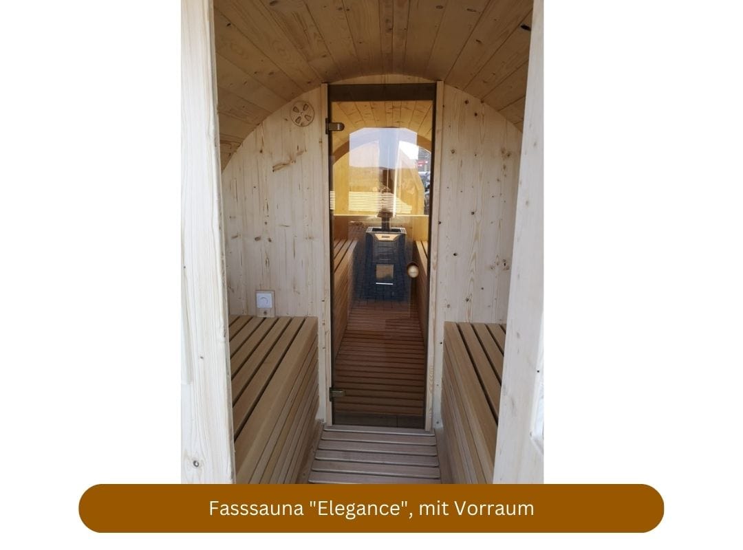 Fassauna mit Holzofen "Elegance", ideal als Ferienhaus Sauna, mit Vorraum